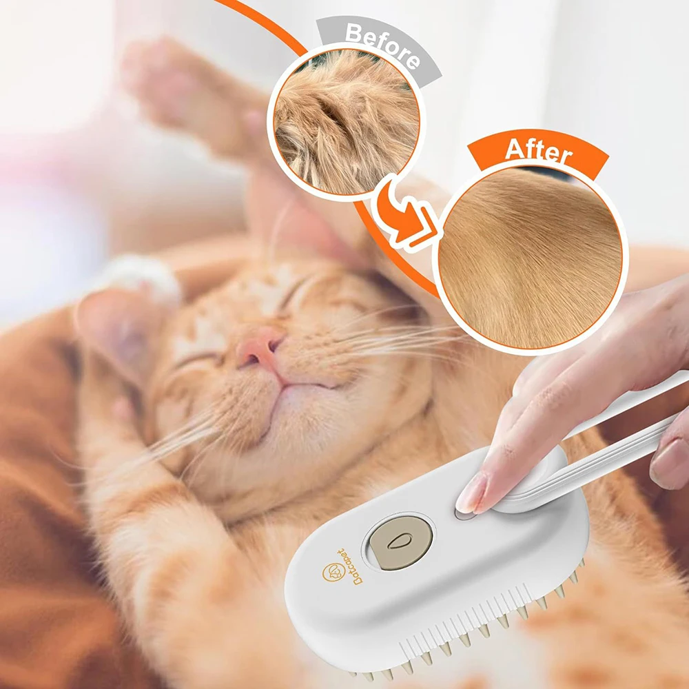 Happy cat being groomed with PetSteam Pro — before and after results